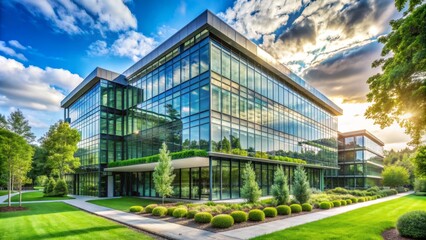 Obraz premium A sleek, modern glass corporate building surrounded by lush greenery, embodying environmentally responsible practices and promoting eco-friendly values in a thriving business environment.