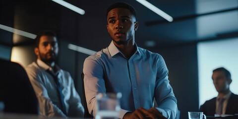 A man sits at a table wearing a blue shirt, possibly working or studying