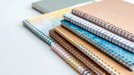 Row of notebooks for art and craft on a white background generative ai