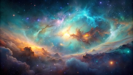 Fototapeta premium A panoramic view of a nebula spreading across a starry sky. The nebula's edges fade into the surrounding darkness, suggesting an endless, expansive universe