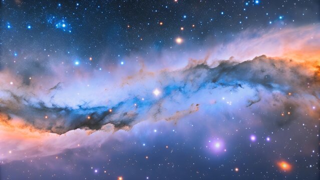 A panoramic view of a nebula spreading across a starry sky. The nebula's edges fade into the surrounding darkness, suggesting an endless, expansive universe
