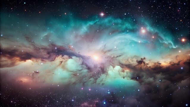 A panoramic view of a nebula spreading across a starry sky. The nebula's edges fade into the surrounding darkness, suggesting an endless, expansive universe
