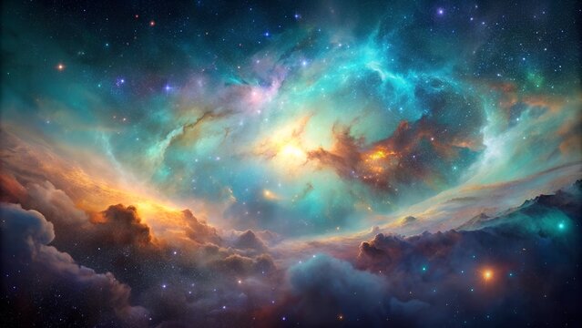 A panoramic view of a nebula spreading across a starry sky. The nebula's edges fade into the surrounding darkness, suggesting an endless, expansive universe
