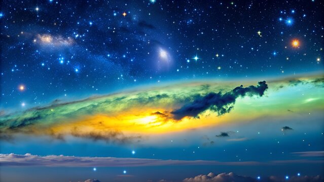 A panoramic view of a nebula spreading across a starry sky. The nebula's edges fade into the surrounding darkness, suggesting an endless, expansive universe