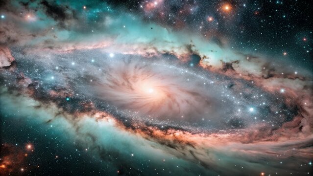 A panoramic view of a nebula spreading across a starry sky. The nebula's edges fade into the surrounding darkness, suggesting an endless, expansive universe