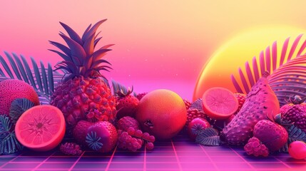 Tropical Fruit Still Life in Neon Color Palette