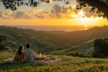 Naklejka premium Couple Enjoying a Sunset Picnic: A couple enjoying a sunset picnic on a grassy hill, 