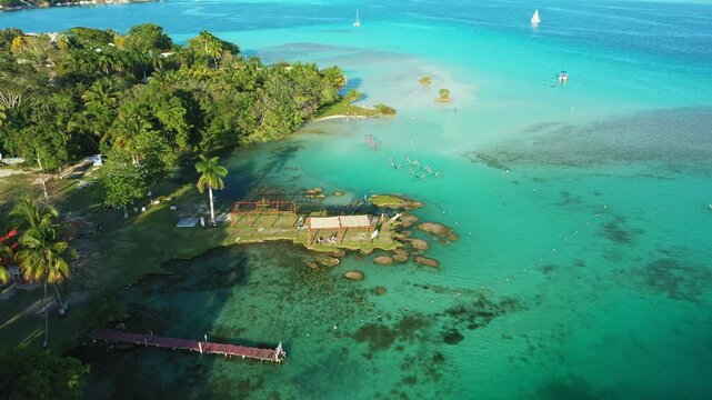 Tropical beach with crystal clear turquoise waters, surrounded by lush greenery. Vacation and travel backgrounds with serene and exotic destination