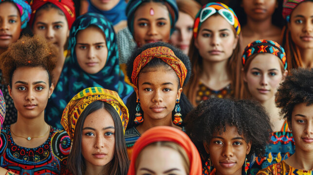 A diverse group of women wearing vibrant traditional attire, showcasing unity and cultural diversity.