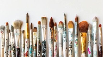 Fototapeta premium Row of paintbrushes for art and craft on a white background generative ai