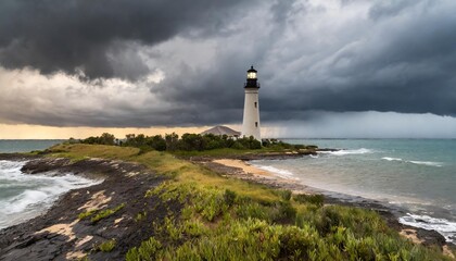 Fototapeta premium Charming Coastal Lighthouse Standing Against Stormy Skies
