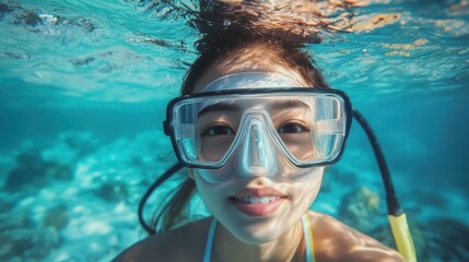 Naklejka premium 青い海の中で、スノーケリング用具を装着した女性が水中で微笑んでいる。