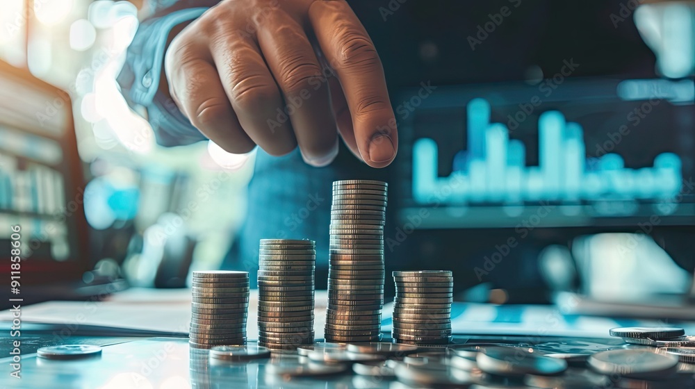 Poster close-up of hand stacking coins with a blurred chart in the background