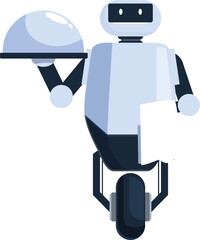 Modern robot waiter holding a silver platter serving food in a restaurant