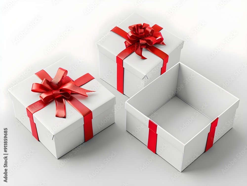 Poster three white gift boxes with red ribbons isolated on a white background. one box is open and the othe