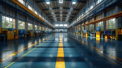 Fototapeta premium Industrial Warehouse with Yellow Lines on Wet Floor - 3D Illustration