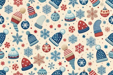 Whimsical winter wonderland seamless pattern featuring cute cartoon snowflakes, mittens, hats, and scarves in shades of blue, white, and red on a creamy background.