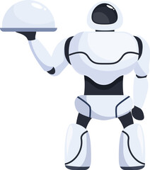 White robot waiter is holding a serving tray with a closed cloche, ready to serve a meal