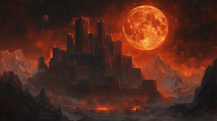 Fototapeta premium Gothic style castle with the red moon