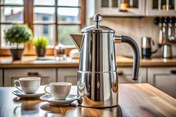 Sleek chrome coffee maker features a curved pot with a single handle, exuding modern style and sophistication in any kitchen setting.