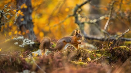 beautiful squirrel in the middle of the forest with an autumn view