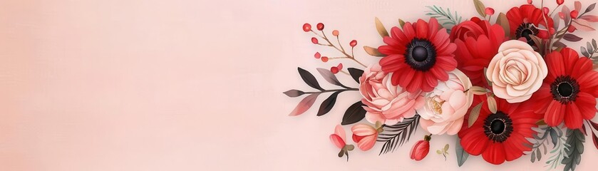 Fototapeta premium Red wedding bouquet with hand-painted floral details, watercolor style, against a soft pastel background