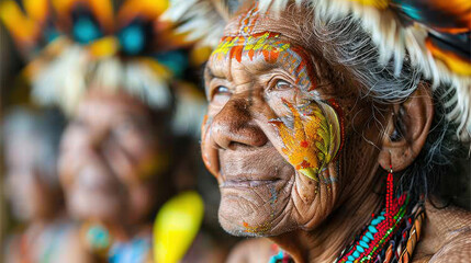 Fototapeta premium Close-up of an elderly person with vibrant traditional face paint, reflecting cultural heritage and wisdom.