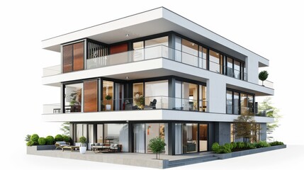 Modern Three-Story Residential Building With Large Windows and Balcony in a Suburban Neighborhood