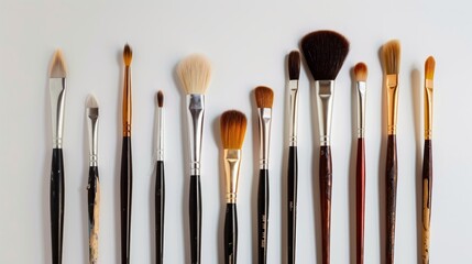 Fototapeta premium Row of paintbrushes for art and craft on a white background generative ai