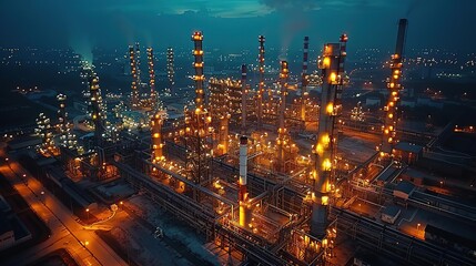 Obraz premium Aerial Night View of an Illuminated Refinery, Industrial Complex, Oil and Gas Production, Manufacturing, Night Photography