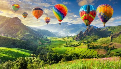 Naklejka premium Colorful Hot Air Balloons Floating Over a Green Valley