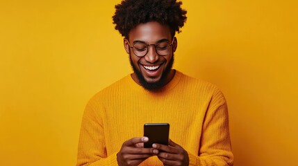 A happy customer using their phone to browse an online store, grinning.