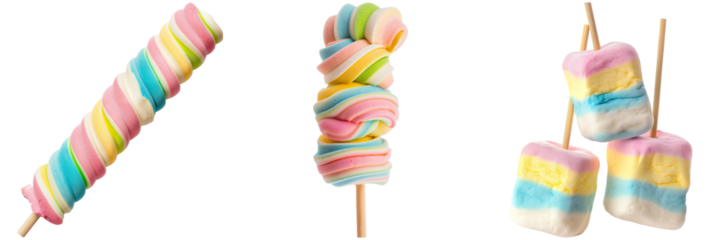 Colorful unicorn marshmallow pops and marshmallow squares on a white background. Fun and sweet treats.