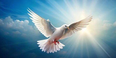 Obraz premium Serene white dove in gentle flight, wings outstretched, against a soft blue isolated background, embodies hope, freedom, and peacefulness in a minimalist setting.