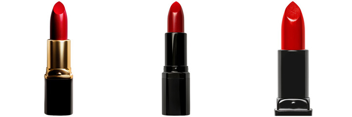 Three red lipstick tubes on a white background.
