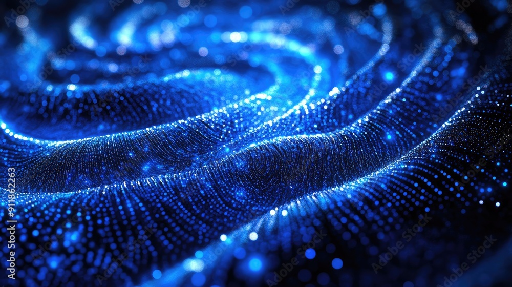 Poster abstract blue circle wave display with defocused led light dots, creating a mesmerizing background. 
