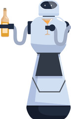White robot waiter holding bottle and glass serving drinks