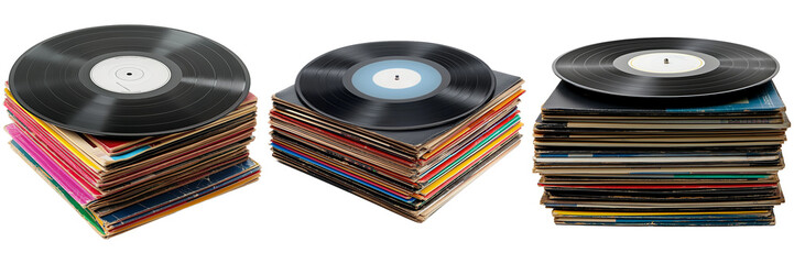 Stack of vinyl records with colorful covers.