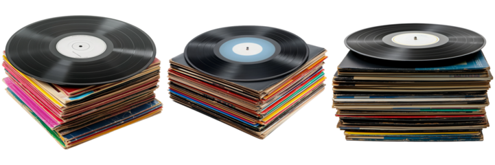 Stack of vinyl records with colorful covers.