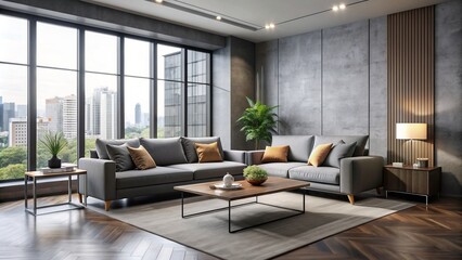 Sleek, minimalist space with grey walls, large windows, cozy sofa, and modern coffee table, exuding calmness and sophistication in a luxurious urban setting.