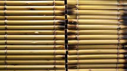 Closeup of horizontally arranged bamboo canes; suitable for background designs, environmental themes, Asianinspired concepts, or natural textures in graphic designs.

