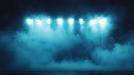 Bright stadium arena lights illuminating an empty dark scene with smoke and neon spotlights, creating a dramatic atmosphere.