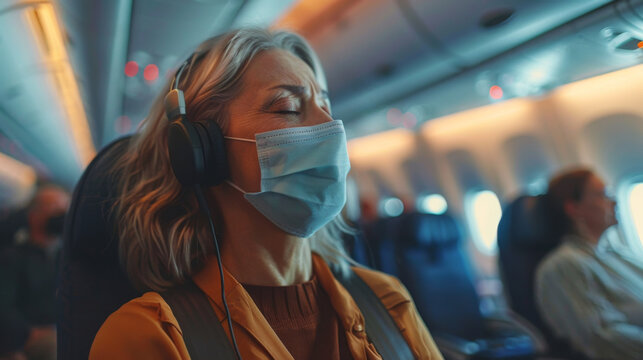A woman wearing a face mask relaxes with headphones while traveling on an airplane, enjoying a moment of peace.