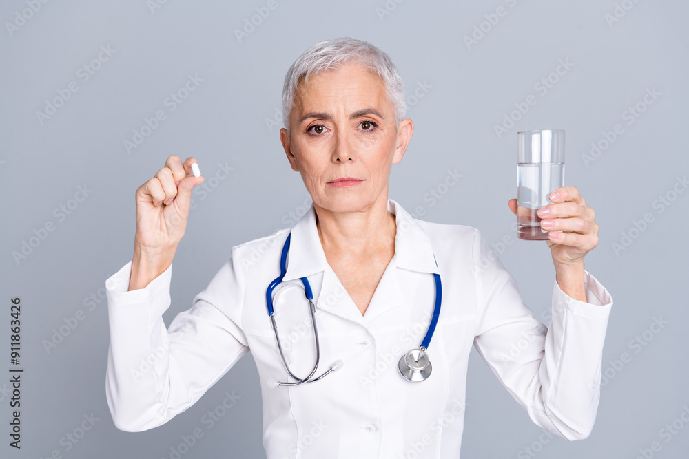 Sticker Photo of retired woman qualified specialist wear white robe hold fresh clear water pills isolated on grey color background