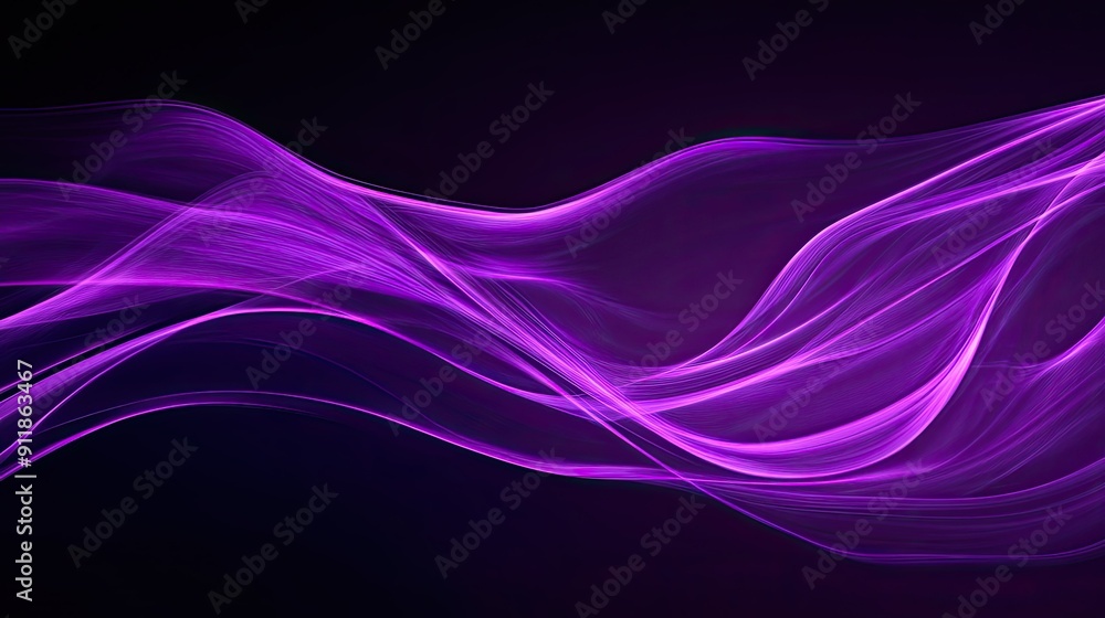 Poster dynamic flowing neon wave in purple hues, creating an abstract background design