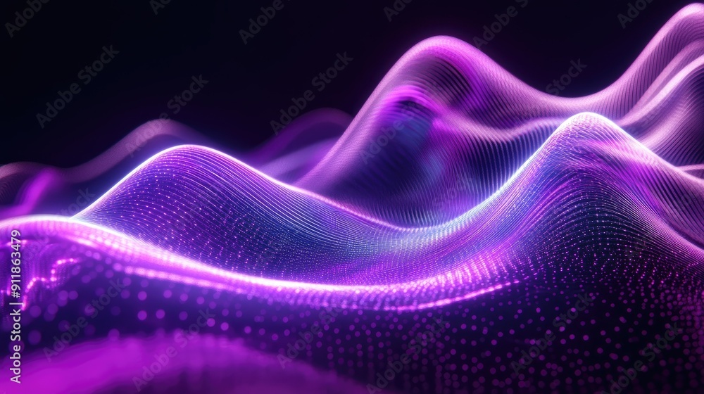 Poster dynamic flowing neon wave in purple hues, creating an abstract background design