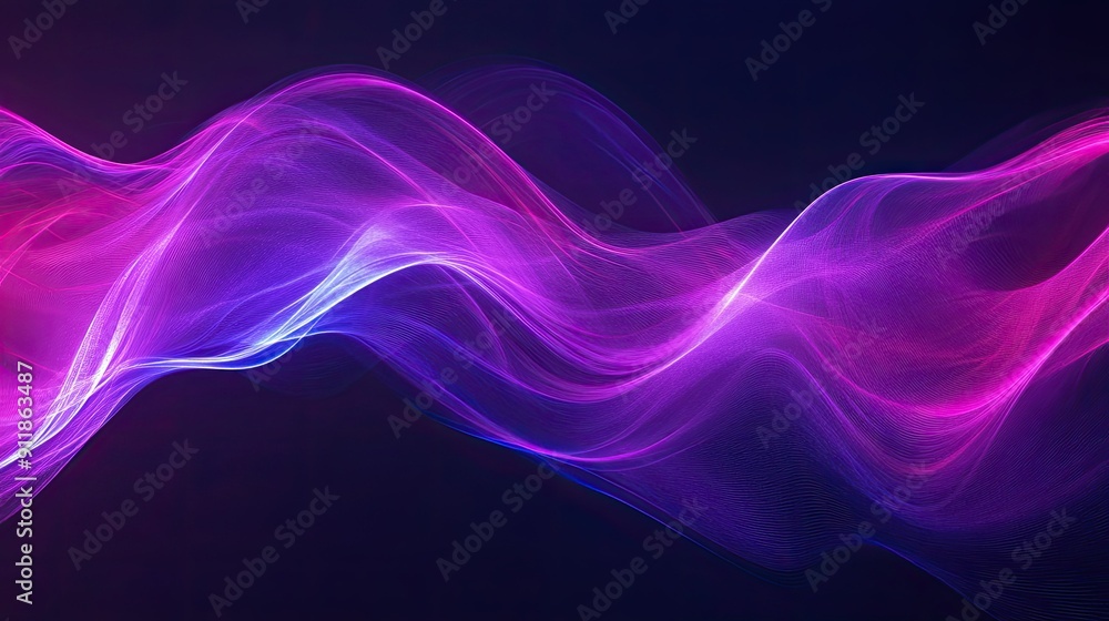 Poster dynamic flowing neon wave in purple hues, creating an abstract background design