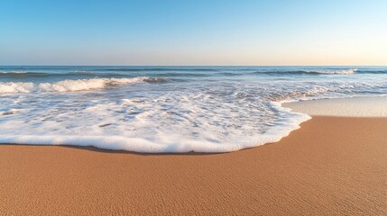 Fototapeta premium Expansive sandy beach panorama with the sea waves gently lapping against the shore, under a clear sky.