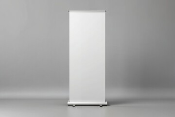 Isolated white empty roll up banner stand mockup on a light gray background with a slight shadow, awaiting custom design or advertisement insertion.