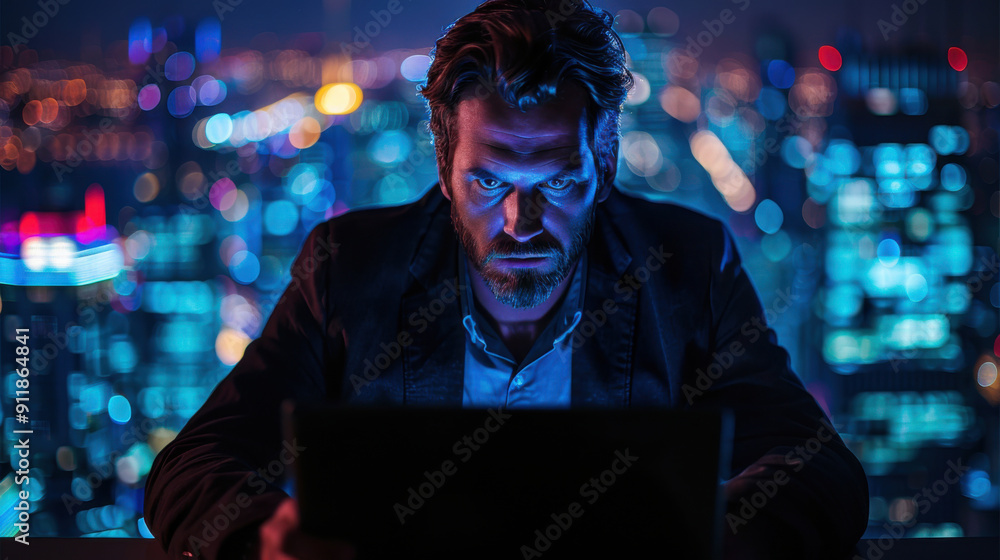 Poster man intently working on a laptop with a cityscape backdrop, illuminated by blue light, creating a fo
